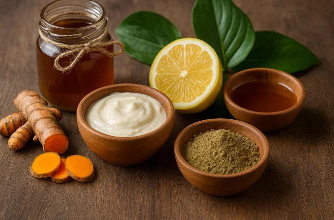 Ramuan tradisional seperti daun ungu, kunyit, dan lidah buaya yang digunakan sebagai obat alami ambeien.